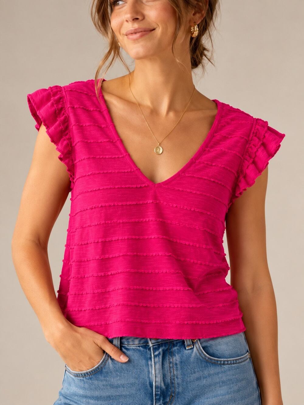 Anthropologie Pink Flutter-Sleeve Textured Knit Top NWT XL